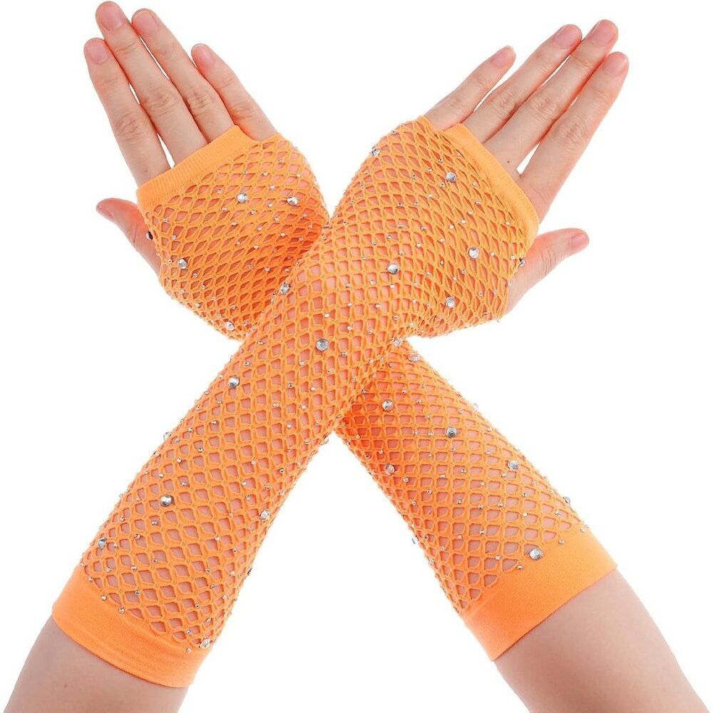 Women's Rhinestone Orange Sparkly Halloween Cosplay Fingerless Long Gloves